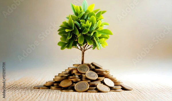 Fototapeta thriving tree growing pile coins concept. A small tree grows from a mound of coins, symbolizing financial growth and prosperity.