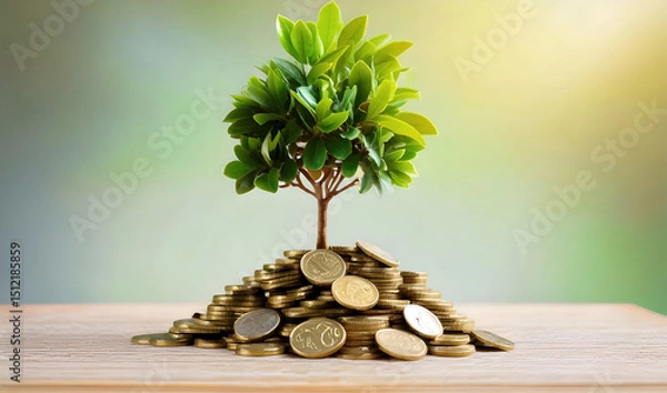 Fototapeta thriving tree growing pile coins concept. A small tree grows atop a mound of golden coins, symbolizing the concept of wealth, prosperity, and the nurturing of financial growth.