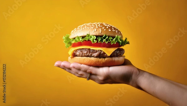 Fototapeta Hand holds appetizing cheeseburger on yellow background. Burger includes beef patty, cheese, lettuce, tomatoes in sesame bun. Delicious fast food meal ready to eat.