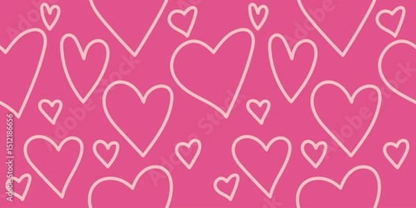 Fototapeta Seamless pattern of pink outline doodle hearts or love. Cute and romantic vector design background. Horizontal or landscape.