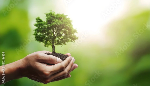 Fototapeta tree growing on soil in hand holding with sunshine background. eco environment concept