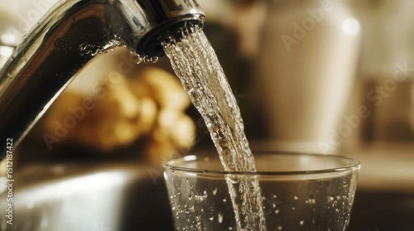 Obraz Pristine water streaming from sleek chrome faucet into transparent glass, highlighting clean kitchen environment and wellness-focused hydration routine