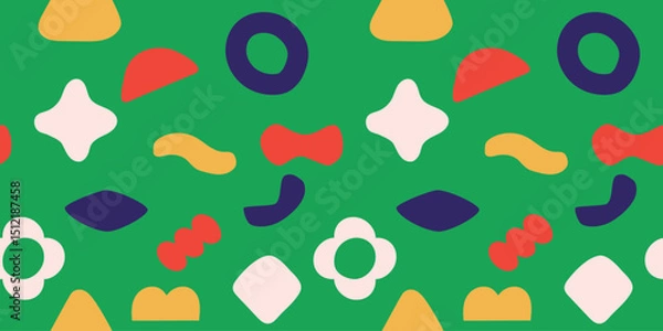 Fototapeta Seamless abstract simple colorful organic shapes pattern.  Flat illustration pattern vector design. Blue, yellow, orange, green, and white. Landscape or horizontal.