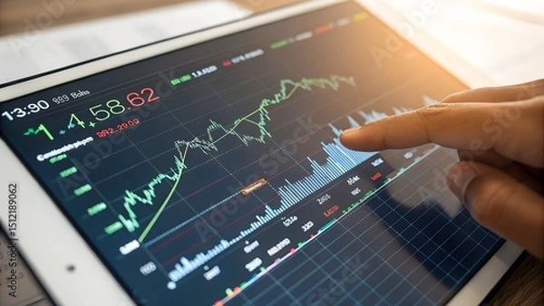 Obraz Stock Market Analysis on Tablet: A person's hand interacts with a tablet screen displaying dynamic stock market data and trends.