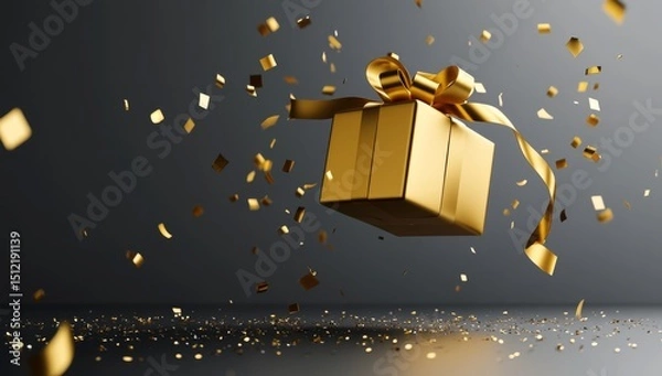 Fototapeta The prize gift box is a stylish way to celebrate, complete with a golden retro board Broadway sign and confetti on a light for a winning celebration
