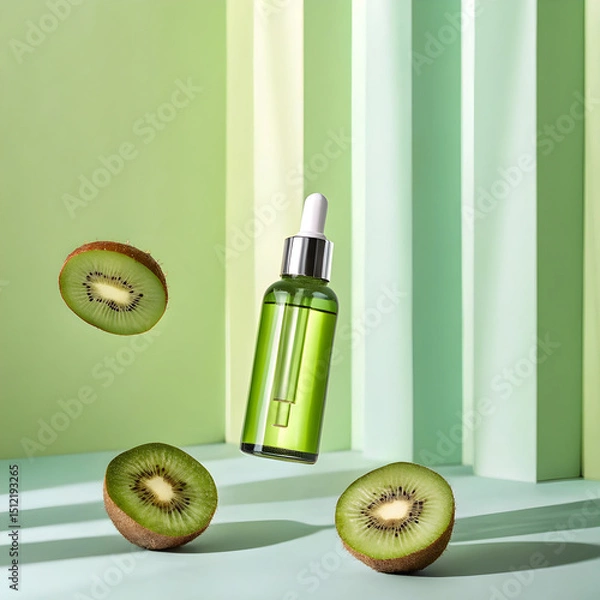 Obraz A desaturated green dropper bottle hovers midair with a soft shadow beneath.