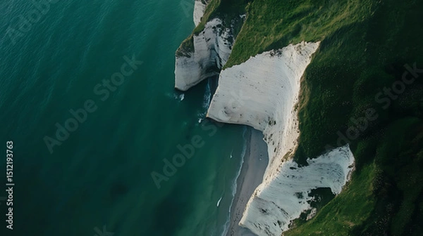 Obraz Coastal cliffs meet the turquoise sea, forming a picturesque landscape. The contrast of green vegetation and white rocks creates a breathtaking view.