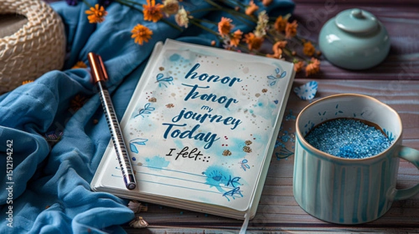 Obraz Gentle mindfulness journal page for adults over 40 with prompts like "I honor my journey" and "Today I felta??" in a soft, calming design.