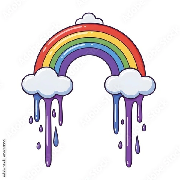 Fototapeta Vibrant Rainbow Illustration Melted Colors, Cartoon Clouds, Dripping Paint Effect