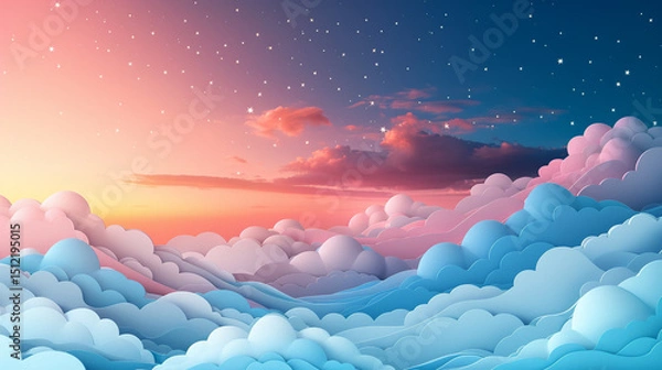Obraz Gradient pastel sky with paper-cut clouds and stars, ideal for calming wallpapers and printable cards.