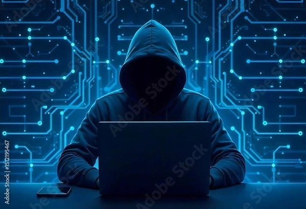 Fototapeta Generative AI Hacker shrouded in darkness with intricate digital network background