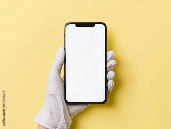 Obraz Hand in latex glove holding a blank screen smartphone. Shows hygiene and precautions. Yellow background gives a clean, modern aesthetic.