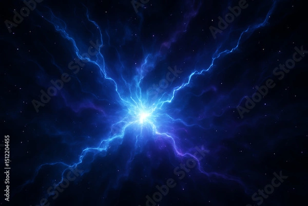 Fototapeta A stunning visual representation of cosmic energy, featuring vibrant blue lightning bolts radiating from a central point, symbolizing power and the beauty of the universe.