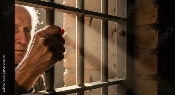 Fototapeta Elderly mans hand reaches through prison bars, symbolizing confinement, isolation, and hopelessness. Suitable for illustrating incarceration, justice, despair.