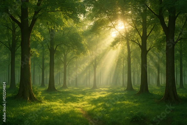 Fototapeta A tranquil forest scene showcasing tall trees bathed in sunlight. The soft rays filter through lush green foliage, creating a serene and peaceful atmosphere in nature.