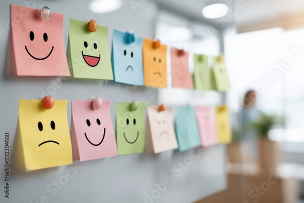 Fototapeta Colorful sticky notes with various smiley faces, ranging from happy to sad, are pinned to a glass board in an office setting.