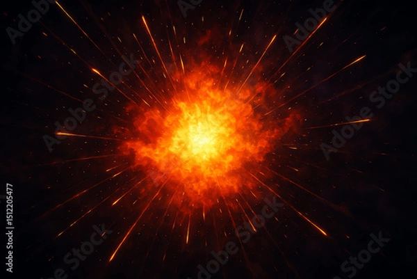 Fototapeta A vibrant and dynamic depiction of an explosion, showcasing fiery orange and yellow tones with radiant sparks radiating outward, representing energy and transformation.