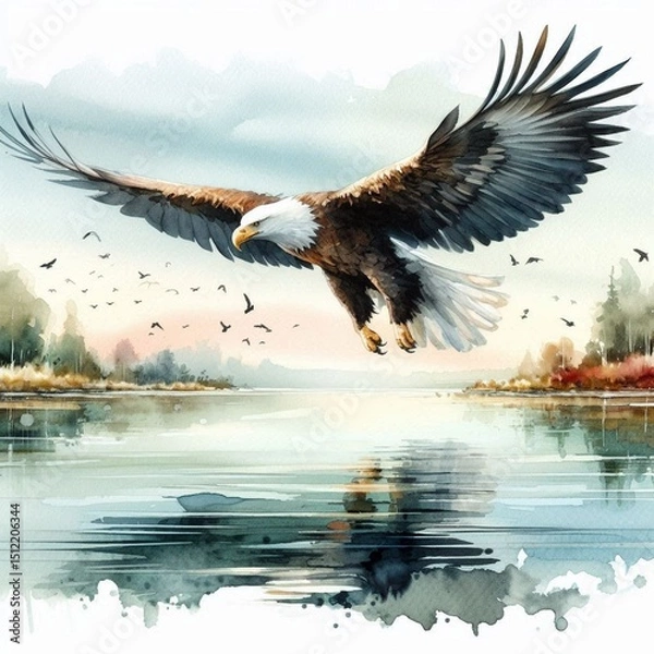 Fototapeta watercolor painting depicting an elegant bald eagle flying low over the water