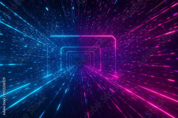 Fototapeta A vibrant, futuristic tunnel of light, featuring dynamic blue and pink neon waves. This digital artwork represents speed, innovation, and a journey through the digital universe.