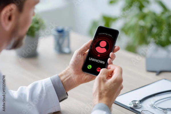 Fototapeta A person in a white coat receives an incoming call from an unknown caller on a smartphone at a desk with medical tools.