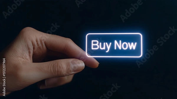 Obraz Press the glowing 'Buy Now' button to purchase immediately. A woman's hand hovers over it, ready to confirm the purchase.