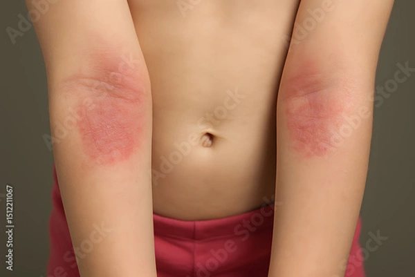 Obraz Child's Eczema: Close-up view of a child's arms showing symptoms of eczema, characterized by red, inflamed, and itchy skin.