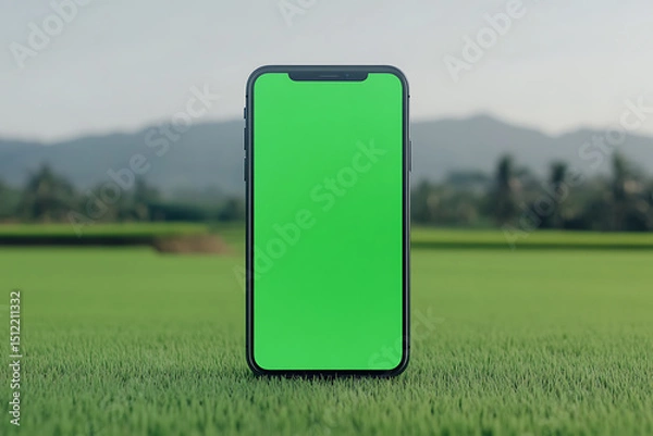 Obraz Mobile phone with green screen set against lush landscape background. Perfect for app demos or visual content overlay on phone's display.