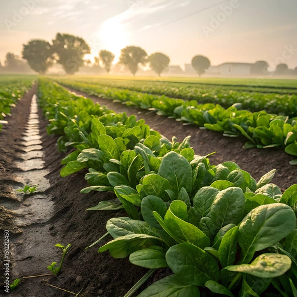 Obraz A lush spinach field with rows of deep green leaves stretching across the landscape.