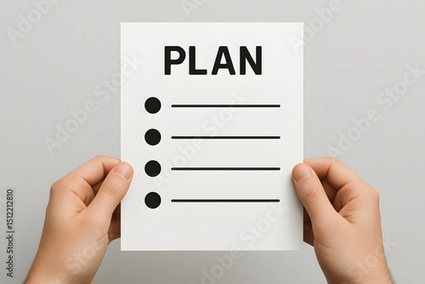 Obraz A Written Plan: Hands meticulously holding a crisp, uncluttered page that prominently displays the word "PLAN", embodying the very essence of strategy, organization.
