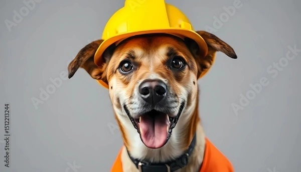 Fototapeta A cheerful dog wearing a work helmet and uniform. Labor Day in the United States. Respect for labor and the unofficial end of summer	