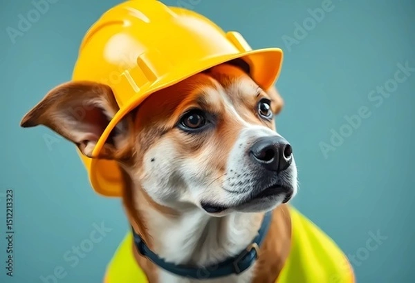 Fototapeta A cheerful dog wearing a work helmet and uniform. Labor Day in the United States. Respect for labor and the unofficial end of summer	