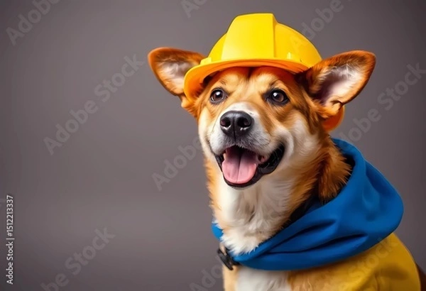 Fototapeta A cheerful dog wearing a work helmet and uniform. Labor Day in the United States. Respect for labor and the unofficial end of summer	