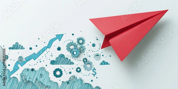 Fototapeta Red paper airplane taking off, leaving behind a trail of blue gears, clouds, and an upward arrow, symbolizing growth and progress in business