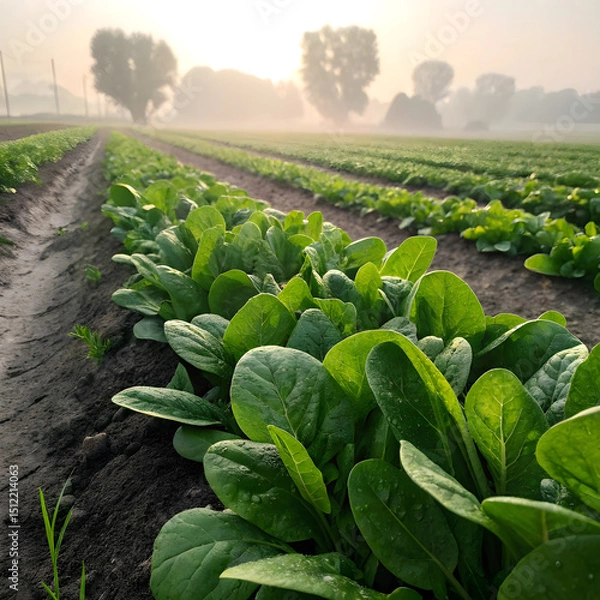 Obraz A lush spinach field with rows of deep green leaves stretching across the landscape.