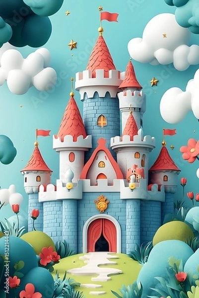Fototapeta Fairy Tale Castle: A whimsical fairytale castle, nestled amidst fluffy clouds and vibrant flora, evokes a sense of enchantment and wonder, with its vibrant colors and charming design.