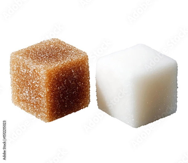 Fototapeta Sugar cubes: one white and one brown showcasing their contrasting colors and textures against a transparent background