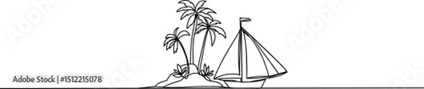 Fototapeta Sailboat at sea one line drawing .Ship . Sea boat one continuous line. Sail vessel . Island with palm trees. Landscape line art.Tropical beach.