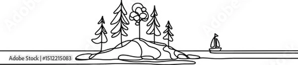 Fototapeta Landscape one line  Island with a tree one continuous line drawing. Single line  of tropical palm trees . Ocean beach line art . Palm on the island .Tropical beach .Travel and vacation concept.