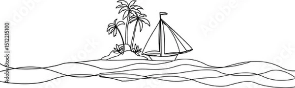 Fototapeta Sailboat at sea one line drawing .Ship . Sea boat one continuous line. Sail vessel . Island with palm trees. Landscape line art.Tropical beach.	