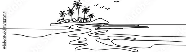 Fototapeta Palm tree one continuous line drawing. One line  of tropical palm trees . Ocean beach line art . Palm on the island .Tropical beach .Travel and vacation concept.Landscape.