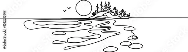 Fototapeta Island with a tree one continuous line drawing. One line  of tropical palm trees . Ocean beach line art . Sunset one line. .Tropical beach .Travel and vacation concept.Landscape.