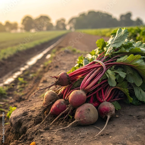Obraz A pile of freshly harvested beets with leafy tops, placed on a natural surface.