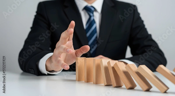 Obraz Business Professional in Control: A business person dressed in a formal suit makes a strategic move to stop the falling dominoes, showcasing leadership and decision-making.