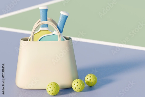 Fototapeta Pickleball paddles and balls in a bag on a court, ready for play. 3d rendering