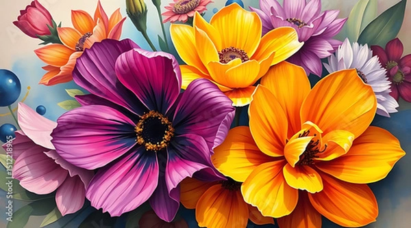 Fototapeta Colorful arrangement of diverse flowers in a vibrant and artistic display during midday light Generative AI