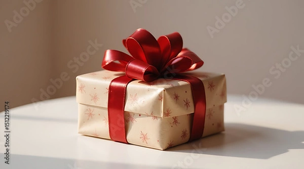 Fototapeta Beautifully wrapped gift box with a red ribbon in soft morning light Generative AI