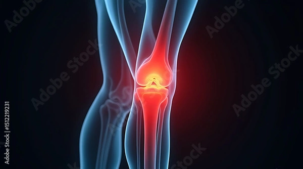 Fototapeta Human knee joint showing signs of inflammation with highlighted pain area during medical illustration Generative AI