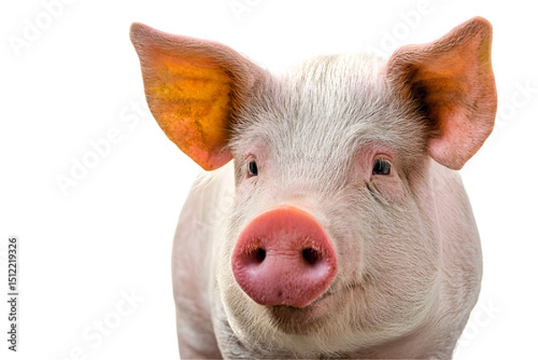 Obraz Cute young pig with pink skin and floppy ears, animal theme, friendly expression, perfect for farm or pet-related content. Isolated on white background or PNG