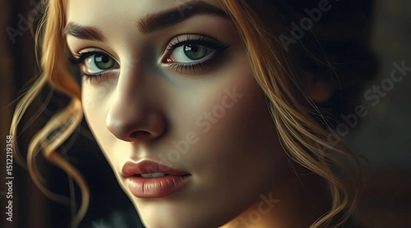Fototapeta Portrait of a young woman with captivating eyes and soft waves in her hair during a cozy indoor setting Generative AI