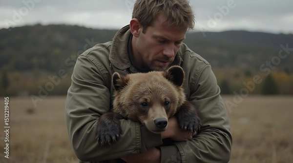 Fototapeta Man gently embraces a young bear in a serene field surrounded by nature during autumn Generative AI